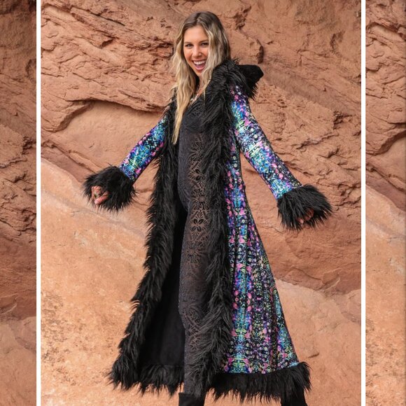 Warrior Within Designs:Cyan Liquid Light Baroness Reversible Velvet Coat x Tamo - Picture 1 of 2
